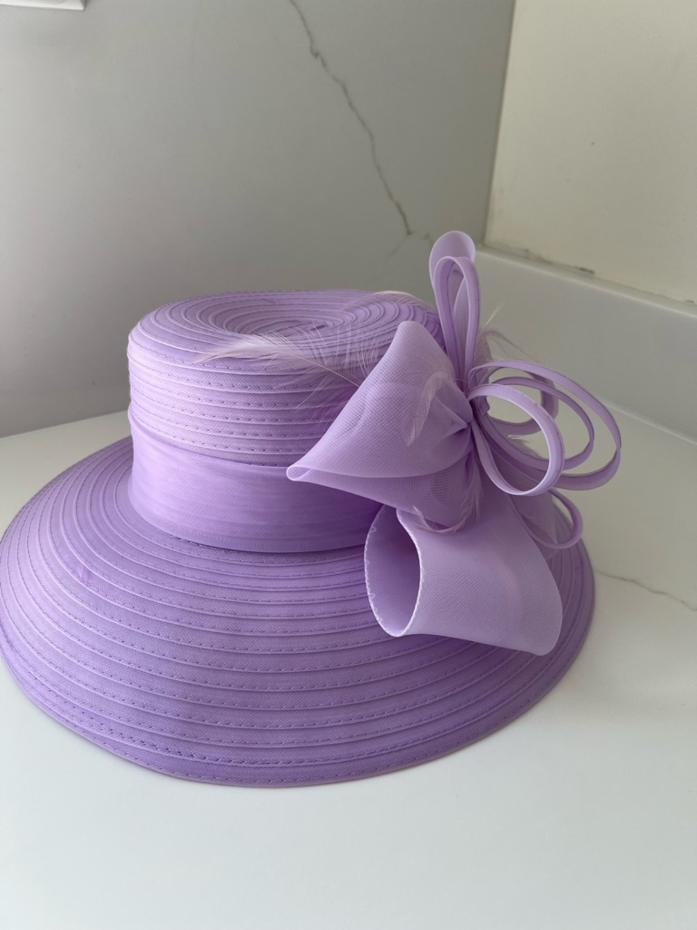 Lavender Women's Dress Hat with Decorative organza bow and subtle feather detail - Picture 4 of 7